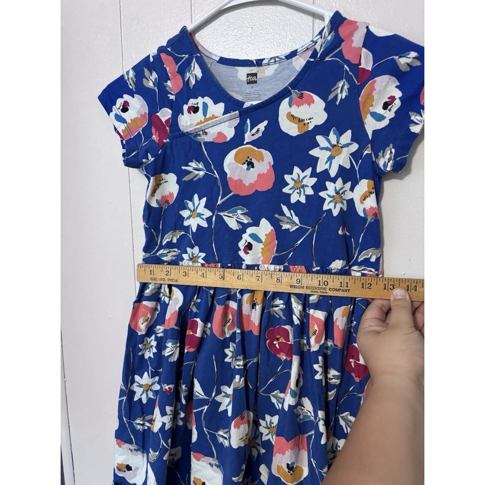 Tea Brand Girls Short Sleeve Wrap Neck Dress Size 8 Blue Floral Colorful Cotton - Picture 7 of 12